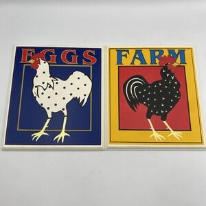 Vintage Pair of Wood Rooster Chicken Farm Eggs Wall Decor Signs Colorful Rustic